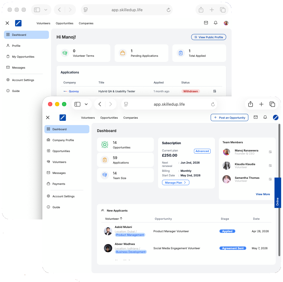 The SkilledUp Life app: volunteer and company dashboards
